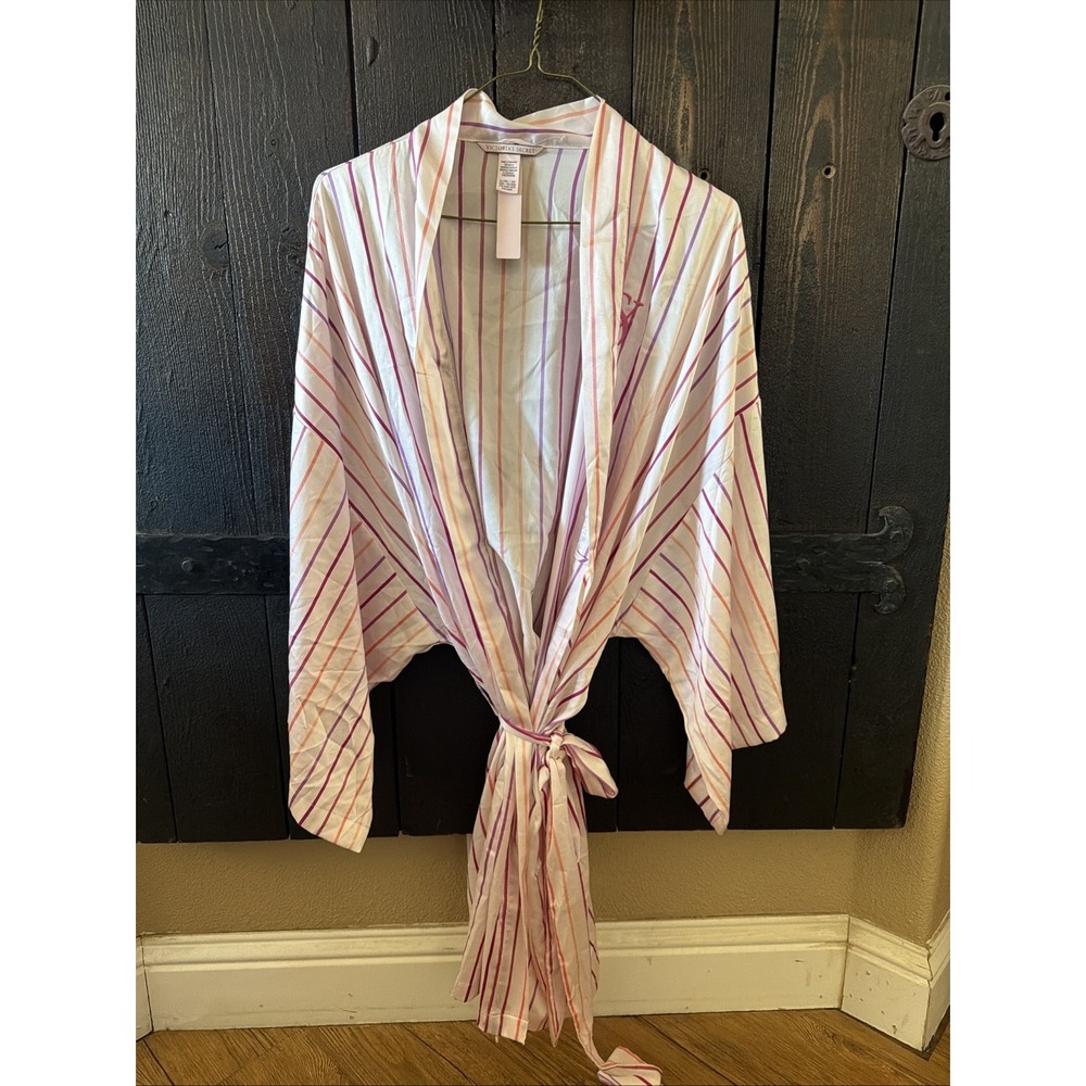 Victoria Secret Lingerie Satin Robe Size XL Pink Striped NWT Short